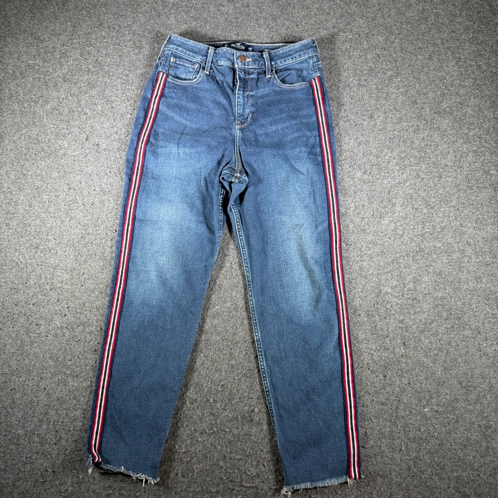 Hollister Ultra High Rise Mom Jeans 7R W28 Side Stripe Raw Hem Medium Wash Blue